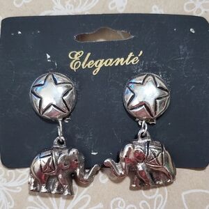 Elegante' Vintage Clip Earrings**Silver Tone**Circus Elephants**Style AZ 3050